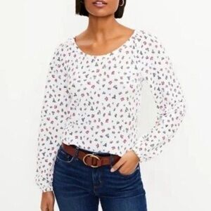 Loft White Floral Draped Long Sleeve Stretch Top NWT Large
